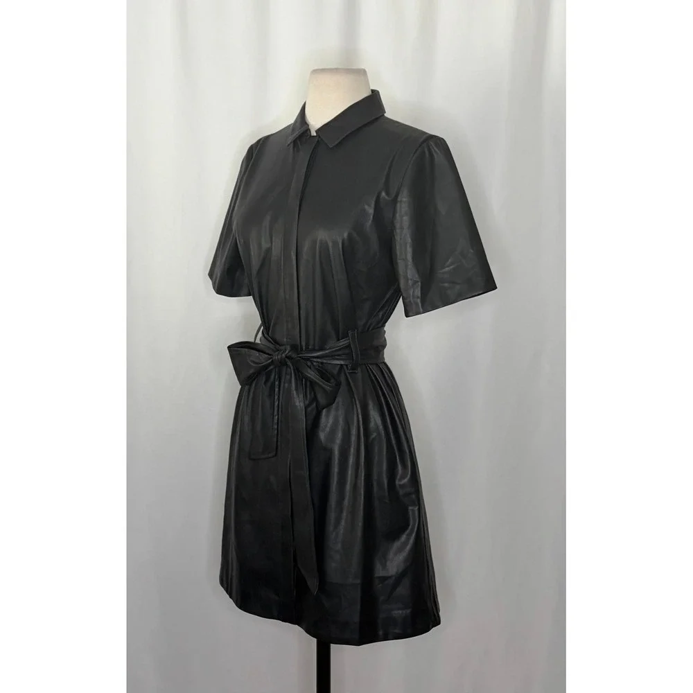 NWT!! J.‎ CREW Solid Black Button Front Faux Leather Dress Belted Vegan Small